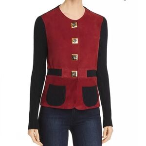 $548 NWT Tory Burch 40s Sportigan Leather Suede Knit Wool Mixed Cardigan XS/S